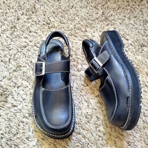 Simple Y2K Platform Black Leather Ankle Strap Clogs Sz 9,5
